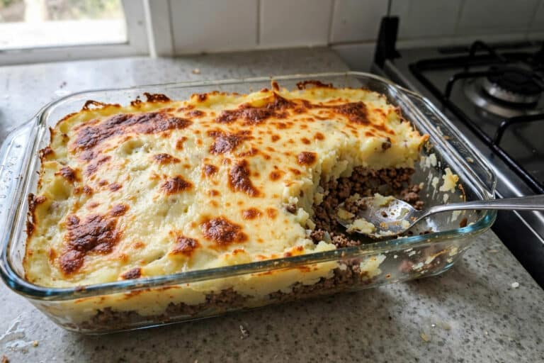 Escondidinho de carne moída com batata em travessa de vidro sobre a bancada da cozinha, com uma porção servida mostrando a camada de carne moída
