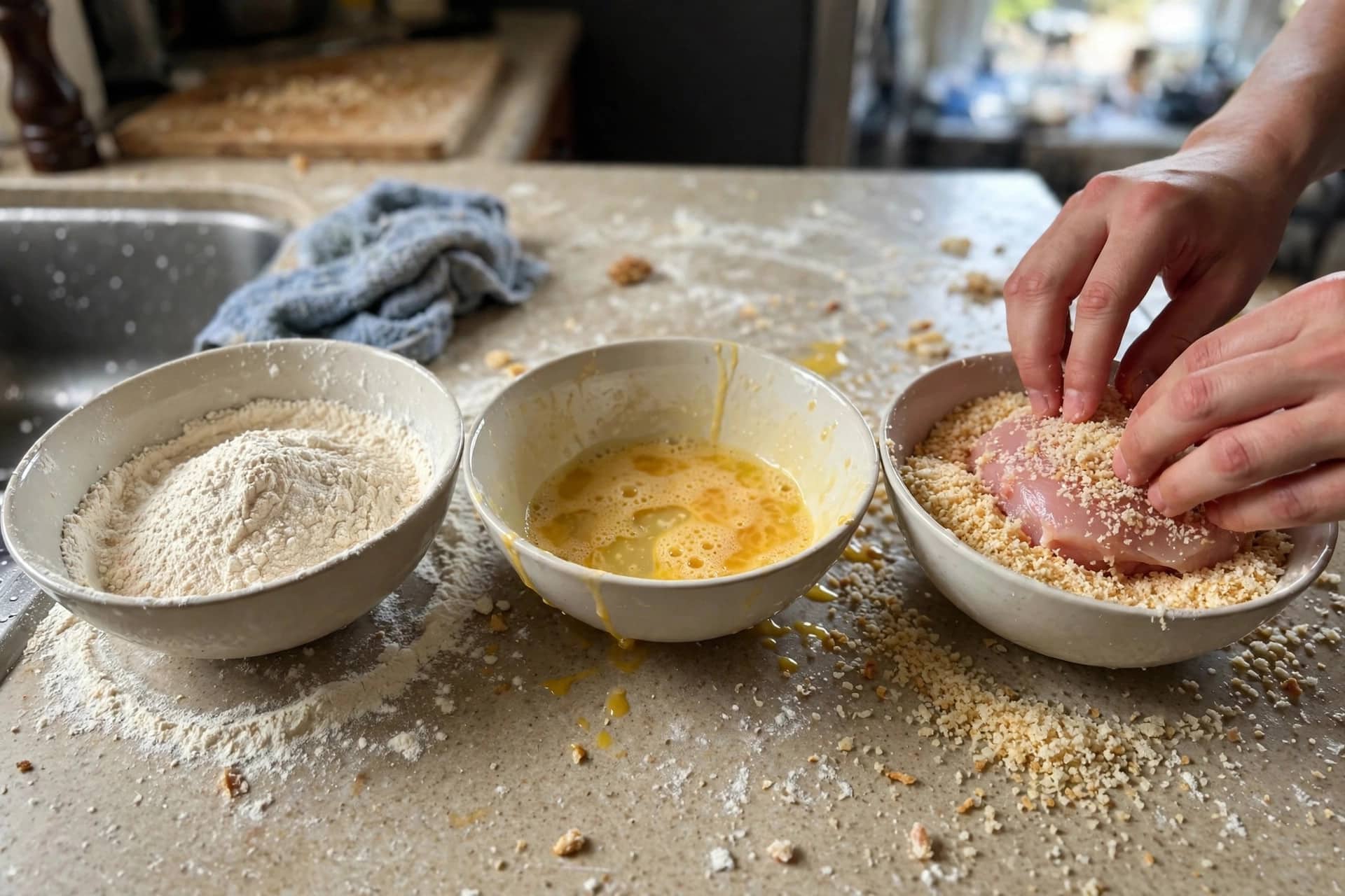 Empanando filé de frango: tigelas de farinha de trigo, ovo batido e farinha de rosca na bancada
