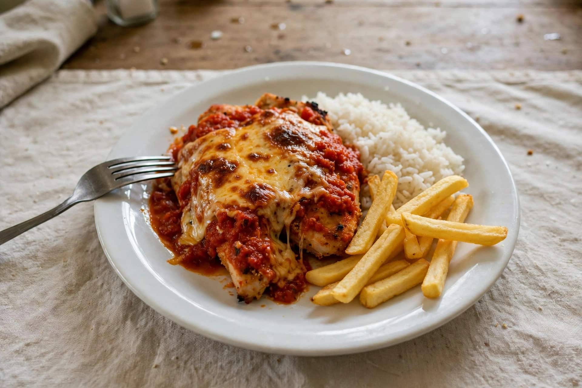 Filé de frango à parmegiana servido com arroz branco e batata frita