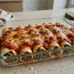 Panquecas de carne moída gratinadas com molho vermelho em refratário de vidro