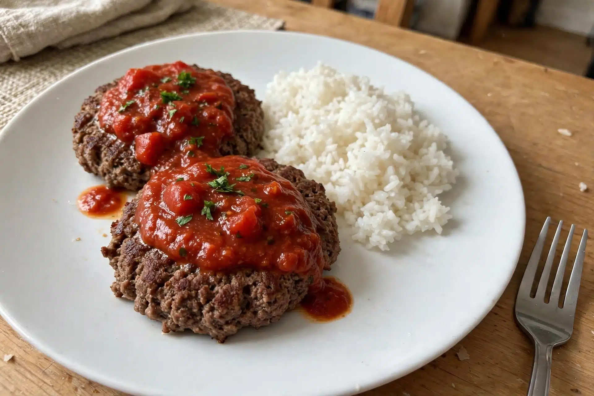 Panqueca de carne moída servida no prato com arroz branco