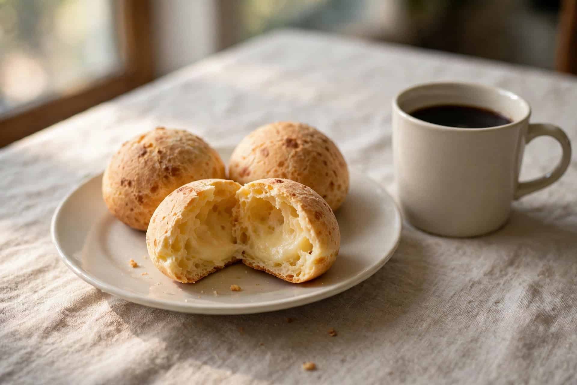 Pão de queijo fit aberto com miolo macio ao lado de uma caneca de café