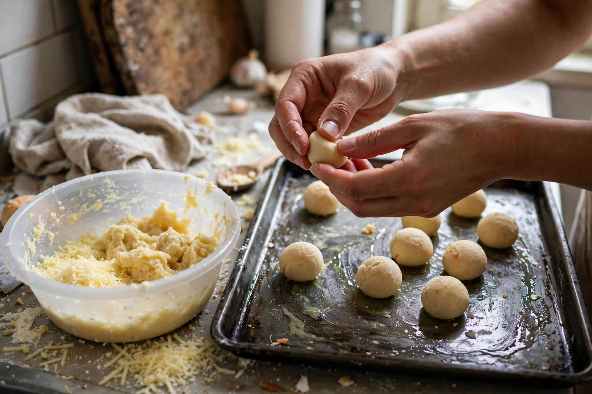 Mãos enrolando bolinhas de massa de pão de queijo fit em forma untada
