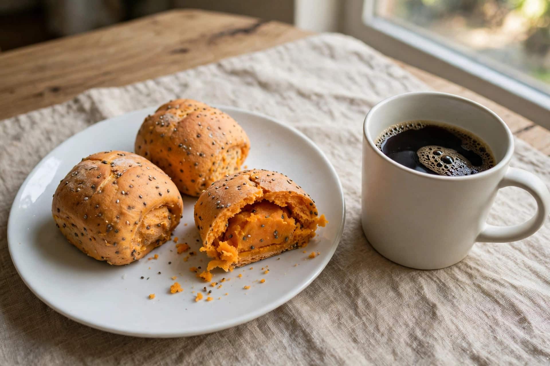 Pãozinho fit de batata-doce servido em prato branco com café, um aberto mostrando o miolo macio