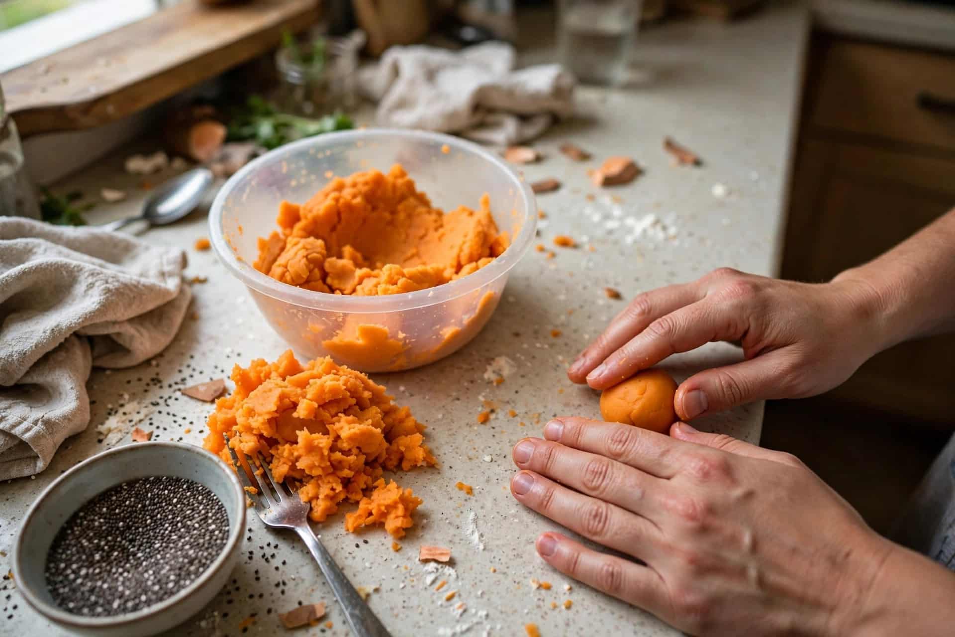 Mãos enrolando bolinhas da massa laranja de batata-doce, com tigela de massa e chia na bancada