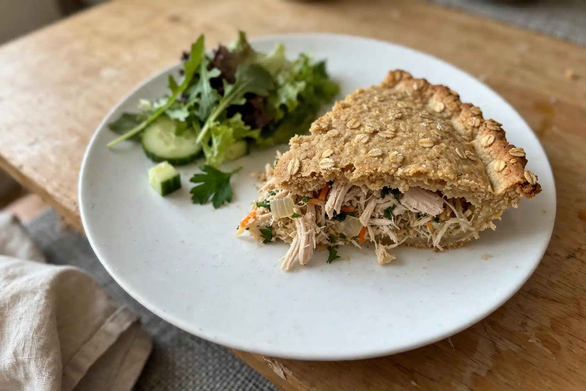 Fatia de torta de frango fit servida no prato com salada