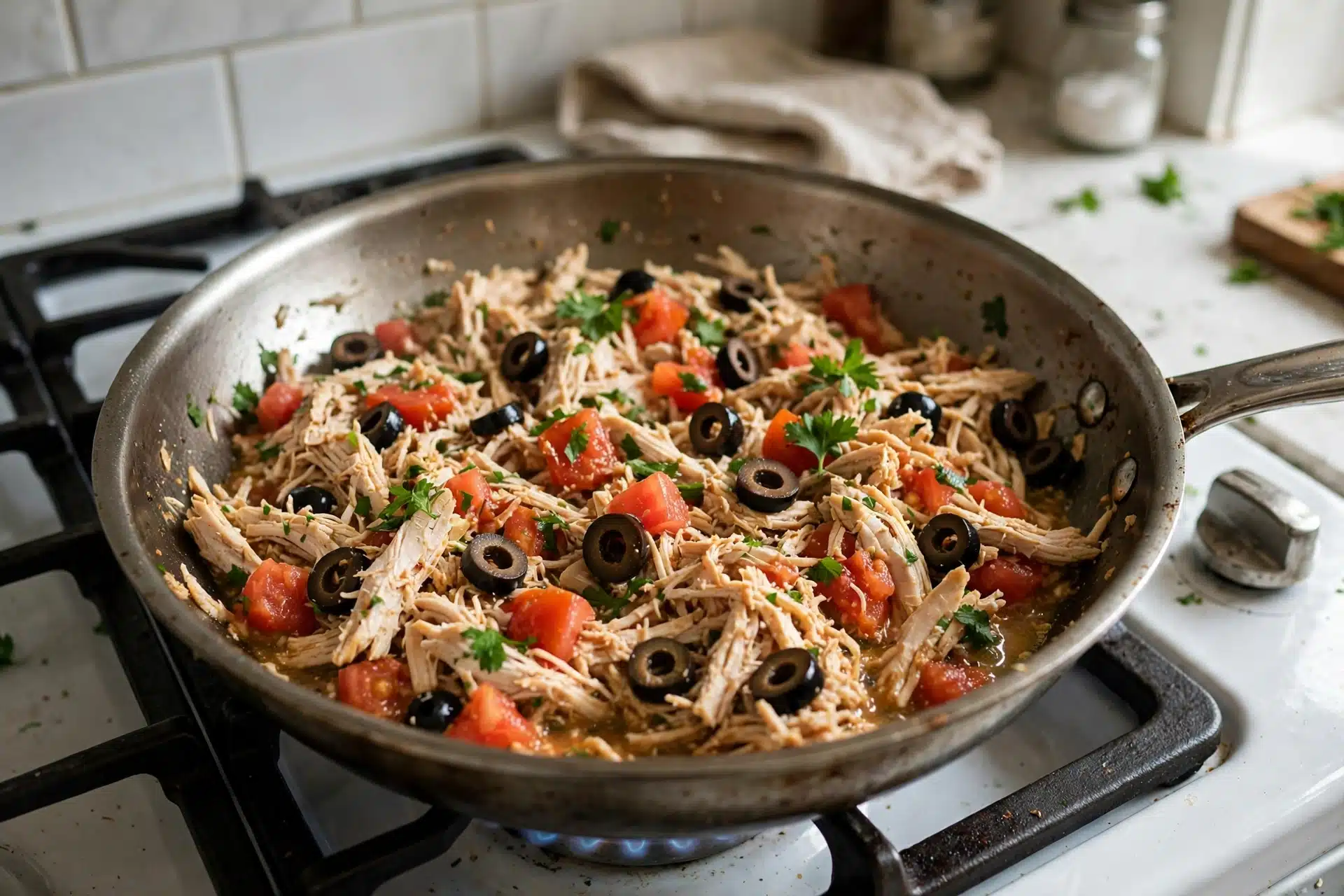 Recheio de frango desfiado com tomate e azeitonas na panela